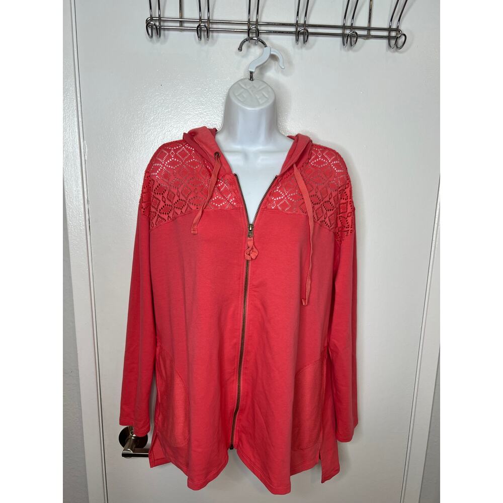 LOGO Lounge by Lori Goldstein Zip-Front Hoodie with Eyelet Calypso Coral~ Size M